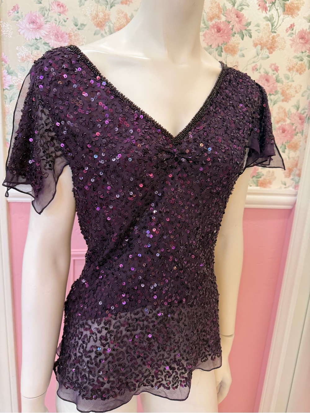 Adrianna Papell Deep Purple Sequin V-Neck Beaded Top